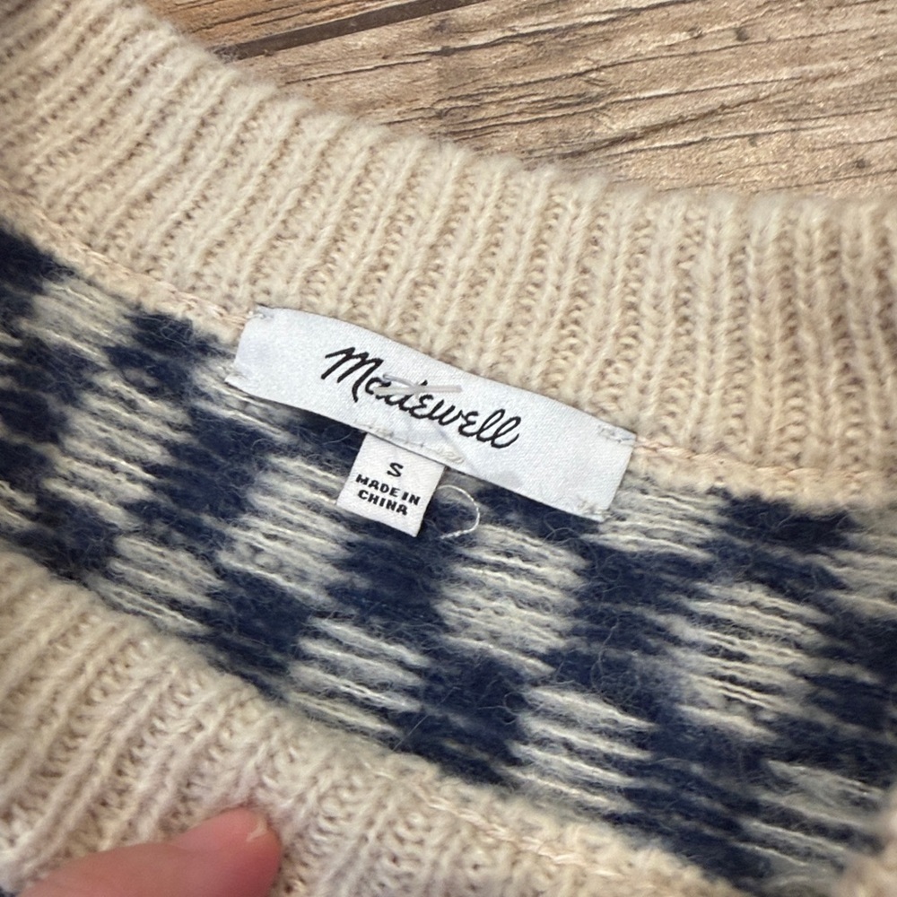 Madewell alpaca blend Crewneck Sweater in Checked Stripe navy cream small - Picture 3 of 5